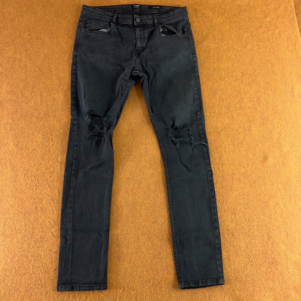 Cotton On Mens Size 34 x 31 Black Distressed Ripped Denim Super Skinny Jeans